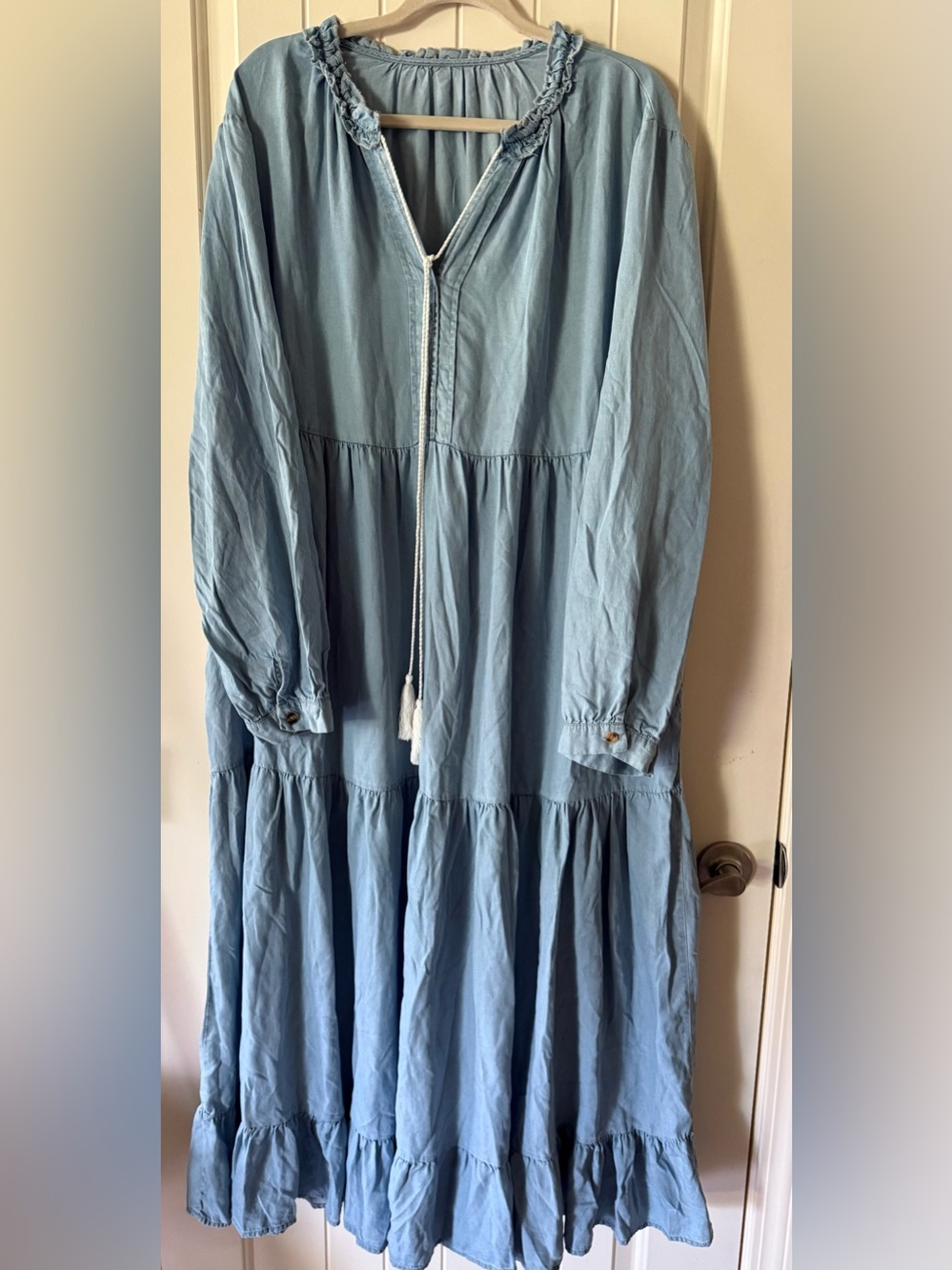 Light Blue Tiered Long Sleeve Maxi Dress with POCKETS 100% cottton - Picture 1 of 9